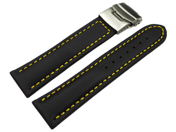 Faltschließe Uhrenband Leder Glatt schwarz gelbe Naht 24mm Stahl