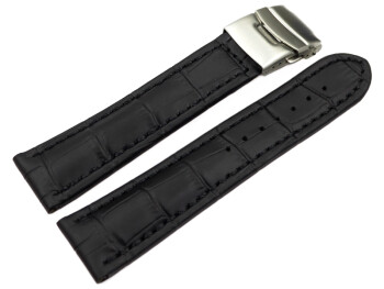 Faltschließe Uhrenarmband Leder Kroko schwarz 20mm Schwarz