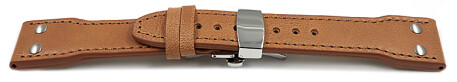 Uhrenband mit Butterfly Leder Vintage glatt hellbraun 2 Nieten 20mm 22mm 24mm
