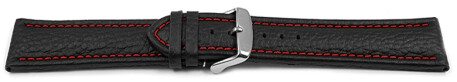 Uhrenarmband echt Leder gepolstert genarbt schwarz roter Naht 18mm Stahl