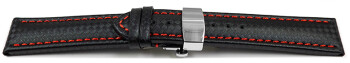 Uhrenarmband mit Butterfly Leder Carbon Prägung schwarz rote Naht 18mm 20mm 22mm 24mm