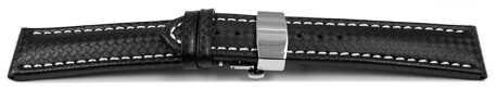 Uhrenarmband mit Butterfly Leder Carbon Prägung schwarz weiße Naht 18mm 20mm 22mm 24mm