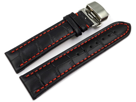 Uhrenarmband mit Butterfly Schließe Leder Kroko schwarz rote Naht 18mm 20mm 22mm 24mm