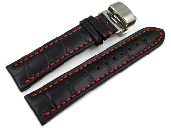 Uhrenarmband mit Butterfly Schließe Leder Kroko schwarz rote Naht 18mm 20mm 22mm 24mm 26mm 28mm