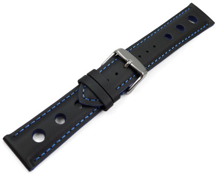 Uhrenarmband schwarz echt Leder Race blaue Naht 18mm 20mm 22mm 24mm