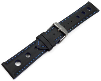 Uhrenarmband schwarz echt Leder Race blaue Naht 24mm-Schwarz