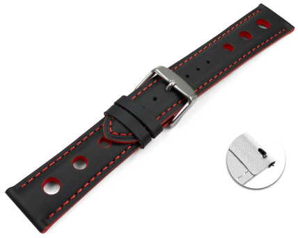Schnellwechsel Uhrenarmband schwarz echt Leder Race rote Naht 24mm-Gold