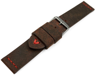Uhrenarmband dunkelbraun Kamelleder mit roter Naht 18mm 20mm 22mm 24mm