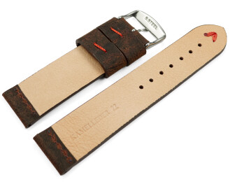 Uhrenarmband dunkelbraun Kamelleder mit roter Naht 18mm Gold