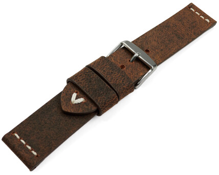 Uhrenarmband dunkelbraun Kamelleder mit weiße Naht 24mm Stahl