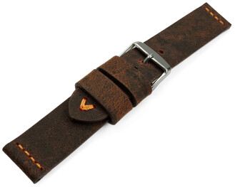 Uhrenarmband dunkelbraun Kamelleder mit orange Naht 18mm Stahl