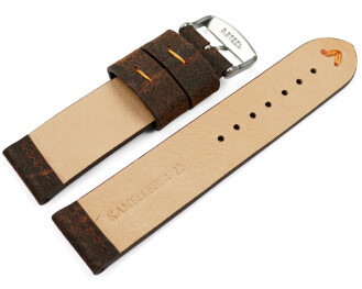 Uhrenarmband dunkelbraun Kamelleder mit orange Naht 20mm Stahl
