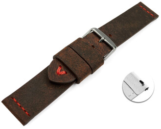 Schnellwechsel Uhrenarmband dunkelbraun Kamelleder mit roter Naht 22mm Gold