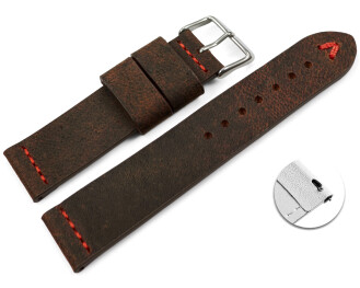 Schnellwechsel Uhrenarmband dunkelbraun Kamelleder mit roter Naht 22mm Gold