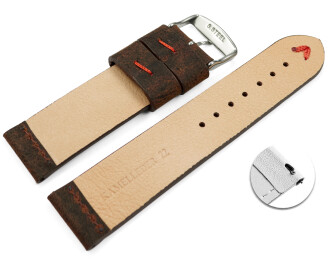 Schnellwechsel Uhrenarmband dunkelbraun Kamelleder mit roter Naht 22mm Gold