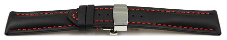 Schnellwechsel Uhrenband mit Butterfly stark gepolstert glatt schwarz rote Naht 18mm 20mm 22mm 24mm