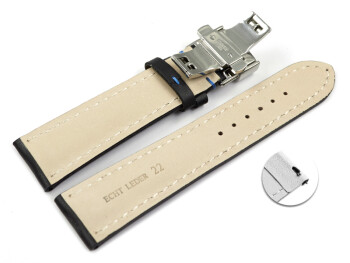 Schnellwechsel Uhrenband mit Butterfly stark gepolstert glatt schwarz blaue Naht 18mm 20mm 22mm 24mm