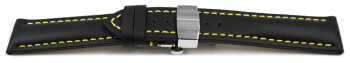 Schnellwechsel Uhrenband mit Butterfly stark gepolstert glatt schwarz gelbe Naht 18mm 20mm 22mm 24mm