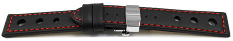 Schnellwechsel Uhrenband mit Butterfly Schließe Leder gelocht glatt schwarz rote Naht 18mm 20mm 22mm 24mm