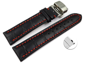 Schnellwechsel Uhrenarmband mit Butterfly Schließe Leder Kroko schwarz rote Naht 18mm 20mm 22mm 24mm 26mm 28mm