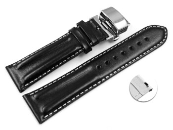 Schnellwechsel Uhrenarmband mit Butterfly Leder glatt doppel Wulst schwarz 18mm 20mm 22mm 24mm