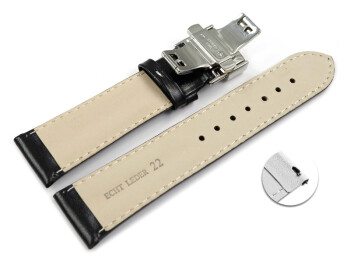 Schnellwechsel Uhrenarmband mit Butterfly Leder glatt doppel Wulst schwarz 18mm 20mm 22mm 24mm