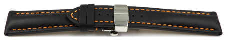 Uhrenband mit Butterfly stark gepolstert glatt schwarz orange Naht 18mm 20mm 22mm 24mm