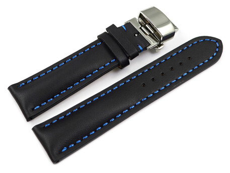 Uhrenband mit Butterfly stark gepolstert glatt schwarz blaue Naht 18mm 20mm 22mm 24mm